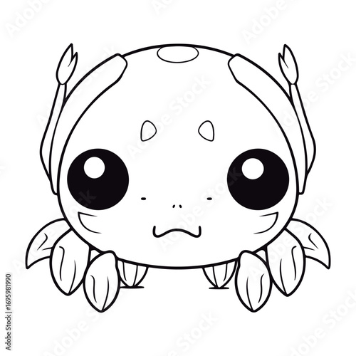 A black and white drawing of a baby Crab Kawai coloring page illustration.