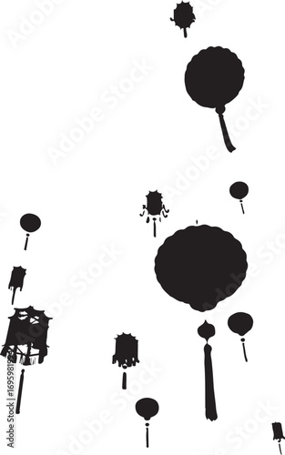 Black silhouette collection of various traditional Chinese lanterns and tassels on white background vector