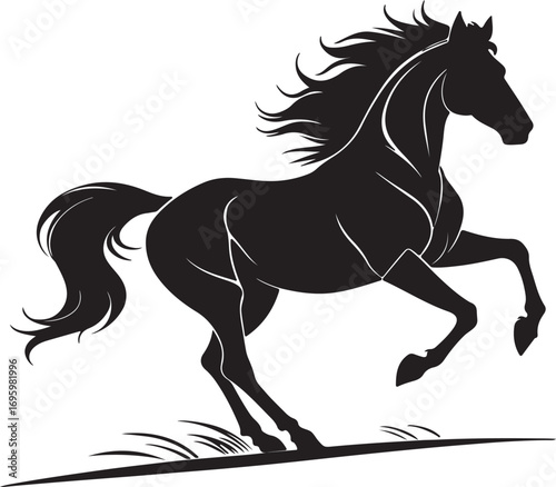 Black silhouette of a horse in motion with flowing mane and tail over stylized grass white running