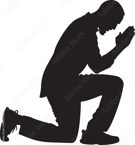 Black silhouette of a man kneeling with hands clasped in prayer white praying