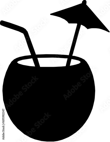 Coconut drink refreshment straw tropical summer silhouette vector illustration. On white background. Silhouette vector illustration.
