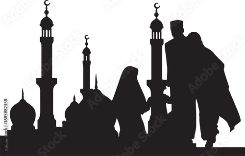 Black silhouette of a mosque with minarets and domes featuring a couple in traditional Islamic attire