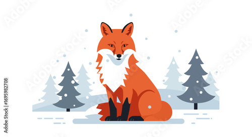 Cartoon Fox Sitting in a Snowy Winter Landscape Illustration.