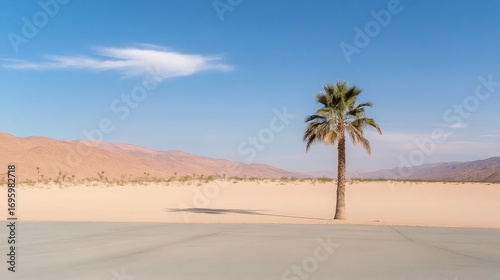 Lone Palm Tree Reaches for the Sky, Surrounded by a Vast Arid Desert Landscape Under Bright Sunlight