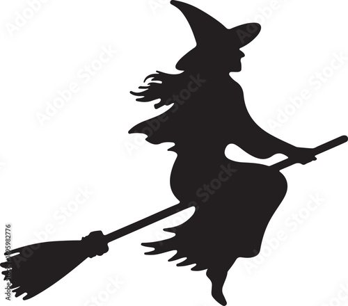 Black silhouette of a witch flying on a broomstick halloween