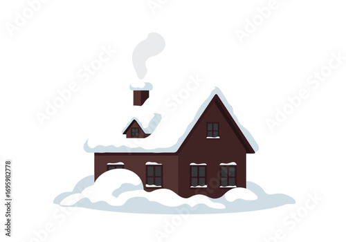 Charming Winter House Covered in Snow with Chimney Smoke.