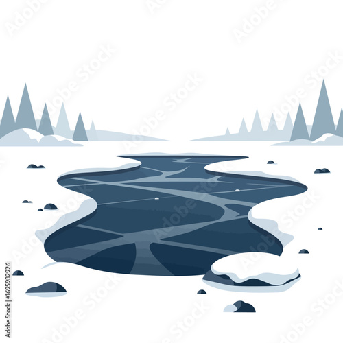 Frozen Lake with Cracks in a Snowy Winter Landscape Illustration.