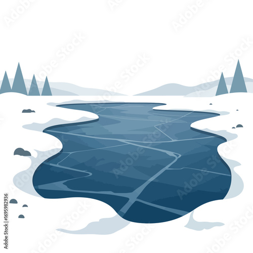 Frozen Lake Landscape with Cracked Ice and Snowy Surroundings.