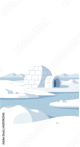 Illustrated Igloo in Arctic Landscape with Snow and Water.