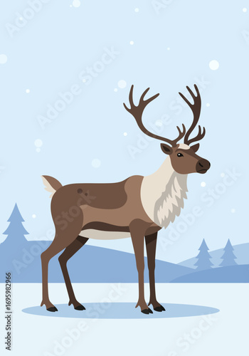 Illustrated Reindeer with Large Antlers in a Snowy Landscape.