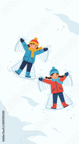 Two Smiling Girls Making Snow Angels in Winter Landscape Illustration.