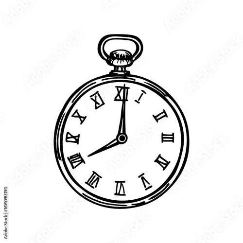 Pocket watch sketch outline illustration. Old vintage watch with Roman numerals, drawing in engraving style. Hand-drawn vector line art clipart, isolated
