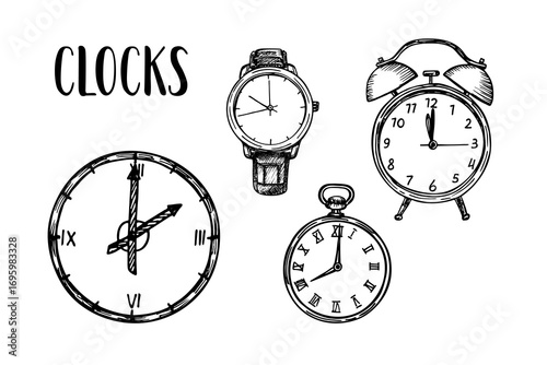 Pocket watch, wristwatch, alarm clock, wall clock sketch outline illustrations set. Drawings in engraving style. Hand-drawn vector line art clipart, isolated