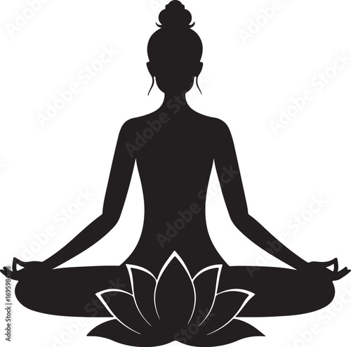 Black silhouette of a woman meditating in lotus pose with a lotus flower yoga meditation