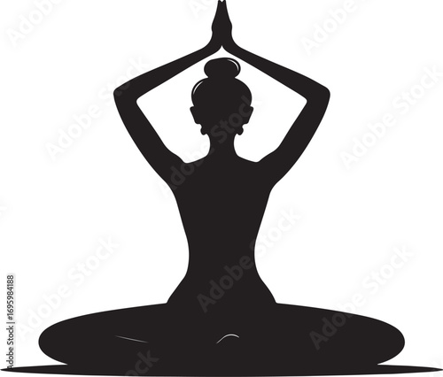 Black silhouette of a woman meditating in lotus pose with hands pressed together above head yoga meditation