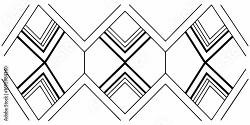 Geometric pattern with intersecting lines and nested shapes forming a symmetrical design element decoratively