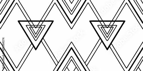 Repeating geometric pattern of nested triangles and angled lines in black and white creates a modern design