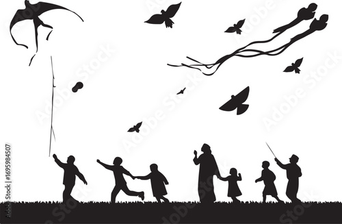 Black silhouette of people flying kites and birds in the sky over grass children adults