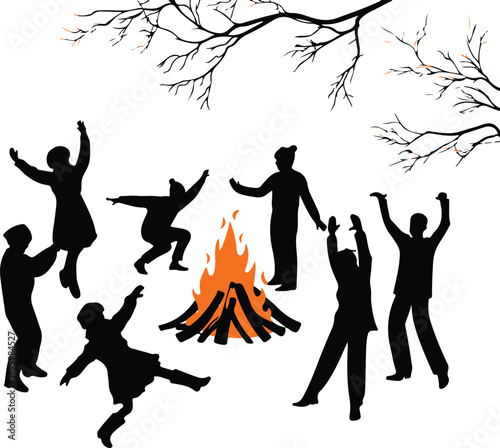 Black silhouettes of people dancing around a campfire under bare tree branches vector