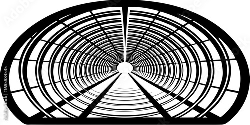 Black and white tunnel with concentric circles and converging lines leading to a bright opening end