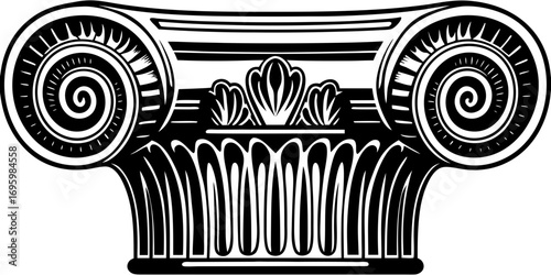 Illustration of a black and white ionic column capital with spiral volutes and acanthus leaves design