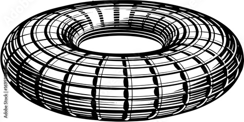 A black and white torus with horizontal and vertical lines creating a grid like structure in perspective