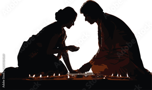 Couple kneeling with diyas celebrating diwali festival celebration india