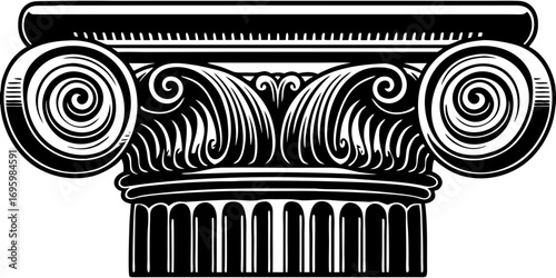 Illustration of a ionic column capital with spiral volutes and acanthus leaf decorations in black and white