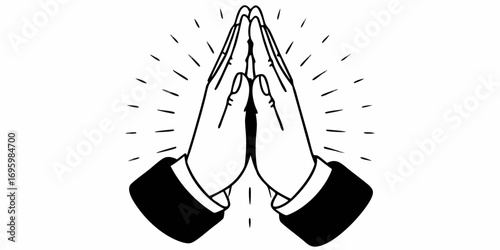 Illustration of two hands clasped together in a praying gesture with radiating lines on a white background