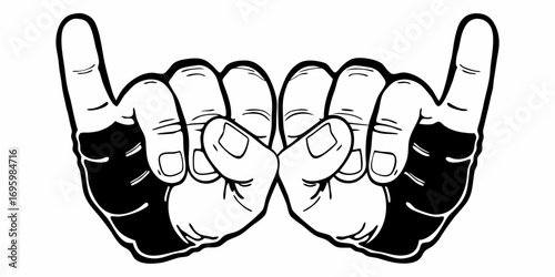 Illustration of two hands with index and pinky fingers extended forming a w shape in black and white