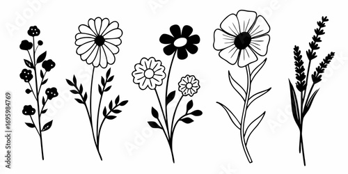 Illustration of five floral arrangements with different flower types in black and white outline style