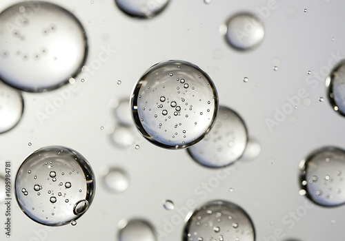 A detailed macro photograph of clear, spherical air bubbles of various sizes floating in a liquid.