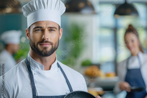 Confident Chef in White Uniform Holding Pan in Kitchen