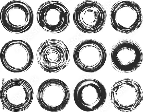 grunge black circle strokes, hand drawn ink brush rings, abstract round vector elements, distressed messy paint frames