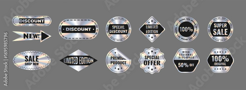 Bis set of tags and stickers with holographic effect for business: sale, 50% seasonal discounts, 100% original, promotion, discount, best price, NEW, limited edition, premium product. 