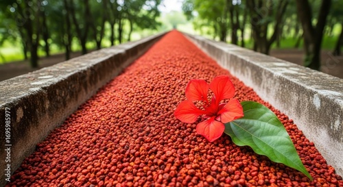 Red Flower and Seeds in Concrete Channel, Botanical Garden