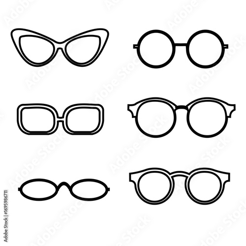 Icon of a set of stylish glasses front view. Vector illustration of glasses with various frame shapes. Funky party glasses cartoon for birthdays, carnivals, line art style.
