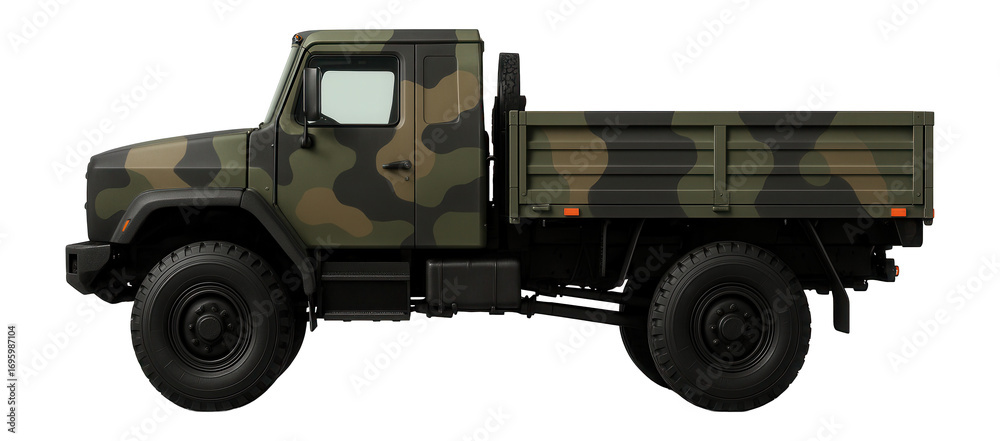 Fototapeta premium Two-axle military truck with camouflage paint and reinforced bumper