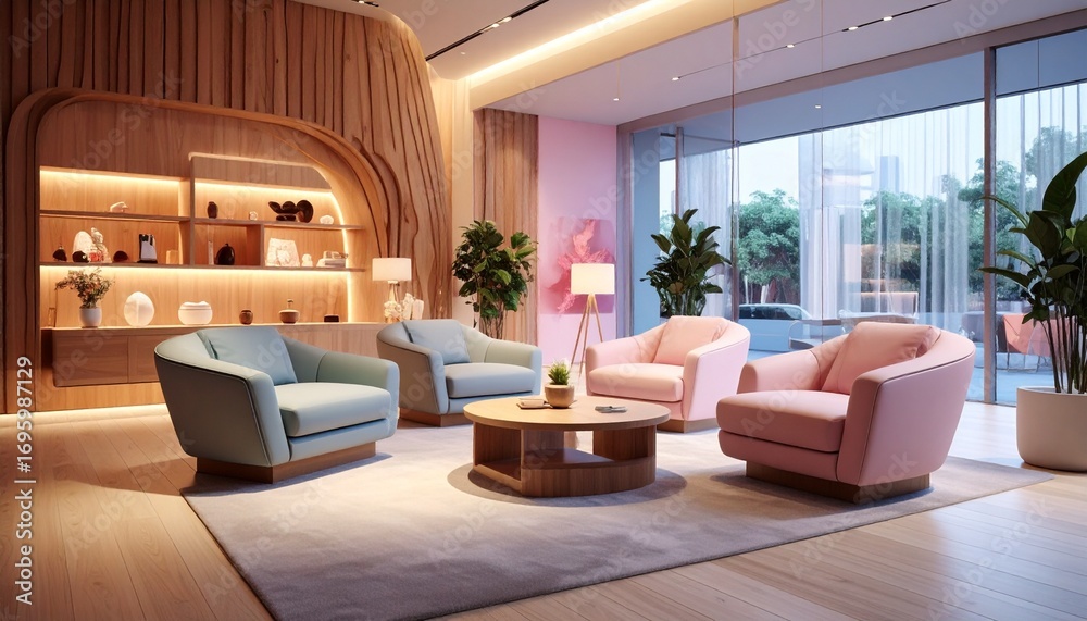 Fototapeta premium Contemporary furniture store with dreamy pastel tones, luminous armchairs, and elegant wooden textures enhanced by mystical lighting for a surreal atmosphere