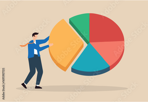 Flat illustration of businessman taking piece of colorful pie chart representing market share and revenue distribution