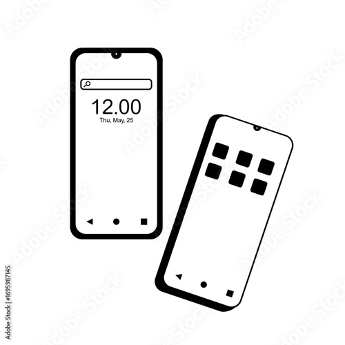 Icon of a black smartphone with two angles, front view showing the home screen and a tilted view displaying the menu screen. Mobile phone technology, line art style.
