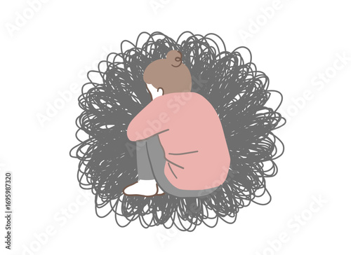 体育座りで考え事をしている後ろ姿の女性のイラスト素材