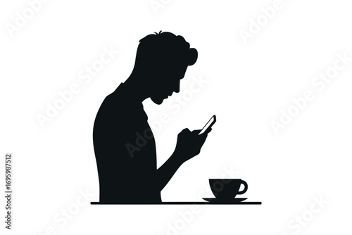 Vector silhouette capturing a man focused on his smartphone with a coffee cup, illustrating modern communication habits and digital engagement