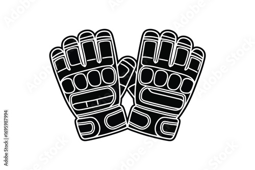 Illustration of a pair of black and white martial arts sparring gloves on a white background
