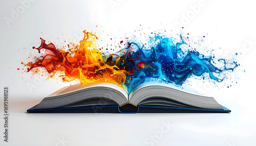 Physical book transforming into digital tablet with knowledge symbols