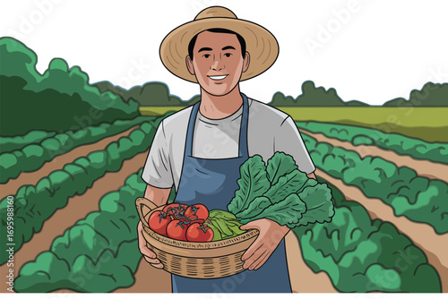 Smiling farmer proudly presenting a basket of freshly harvested organic vegetables from his bountiful farm, symbolizing sustainable agriculture and healthy eating