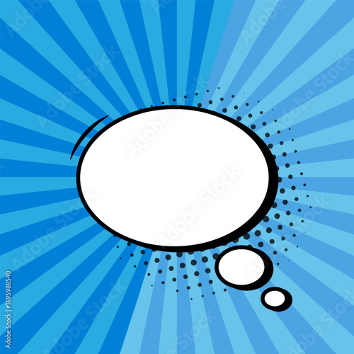 Retro superhero comic book background in pop art style. Blue radial rays with an oval speech bubble. Pop art style template for superhero text in comics, speech bubble, message. Vector EPS 10.