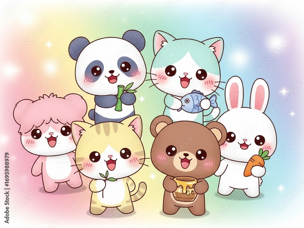 Naklejka premium Set of adorable kawaii animals including panda, cat, bunny, bear, and friends with pastel background.