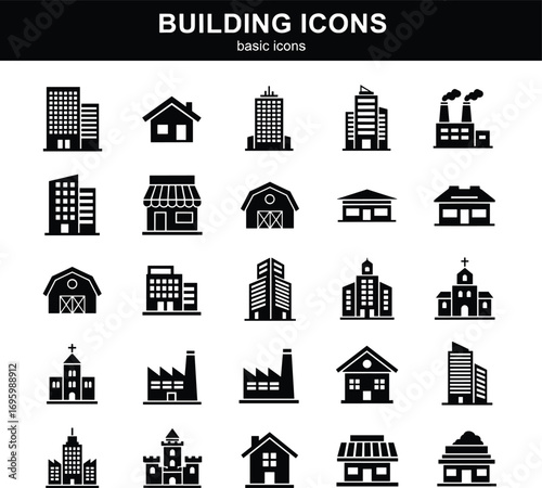 Black and white building icon set — 25 simplified structures including homes, offices, factories, churches, stores, barns, and castles