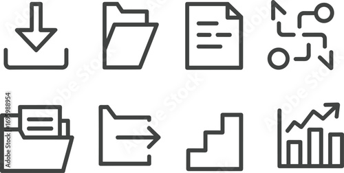Black outline workflow icons — download, folder, document, flowchart, export, progress steps, and data chart symbols for interface design